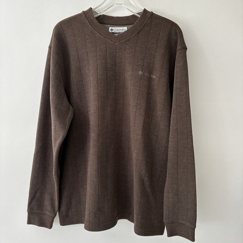 Columbia Mens V-Neck Sweater Size Large Brown Ribbed Knit Pullover Logo Earthy